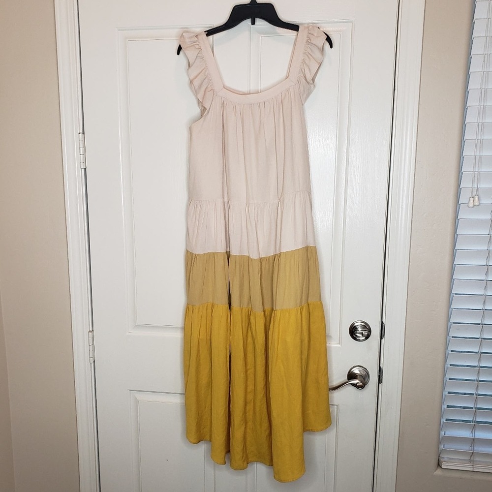 Moodie Hi-Low pocketed sun dress with ruffle detail, yellow and white, size med. - Picture 3 of 7